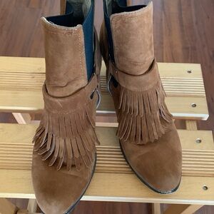 Fringed Brown suede Ankle Boots with 2.5” heel, elastic sides for easy wear